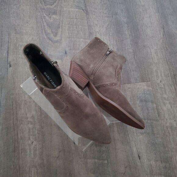 Marc Fisher Booties Women's Size 7 Taupe Brown Suede Studded Ankle Boots Western - Picture 9 of 14